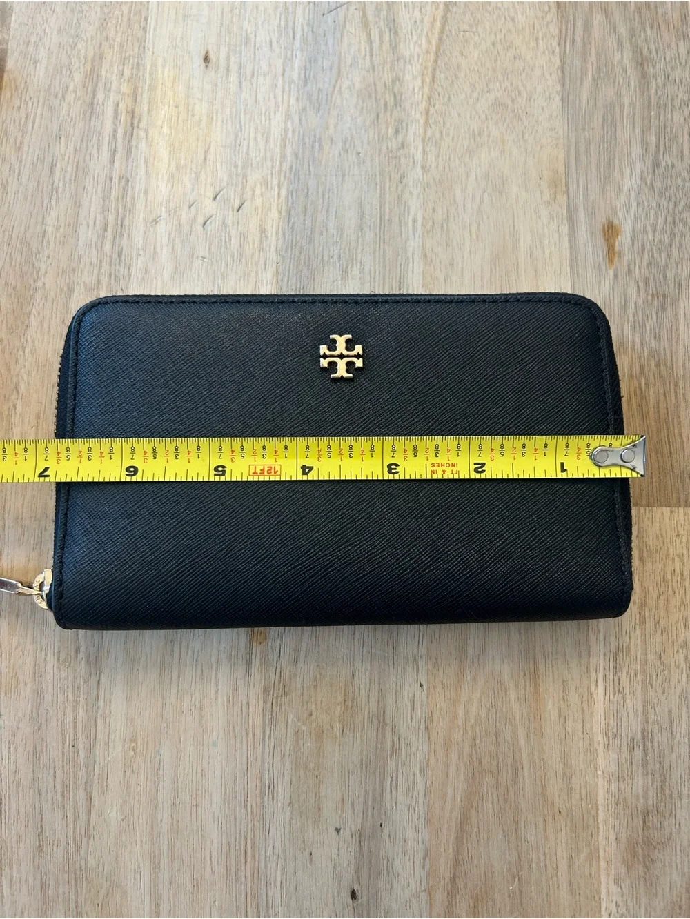 Tory Burch Emerson Continental Zip Around Wallet Black Saffiano Leather Gold